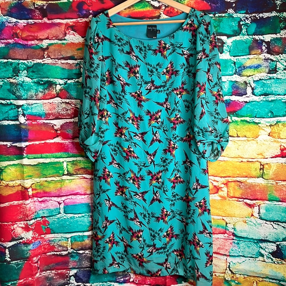 Gabby Skye Whimsy‎ Hummingbird Patterned Teal Dress 0030